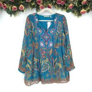 Soft Surroundings Mirapani Boho Tassel Embroidered Tunic Top Sz M NWT